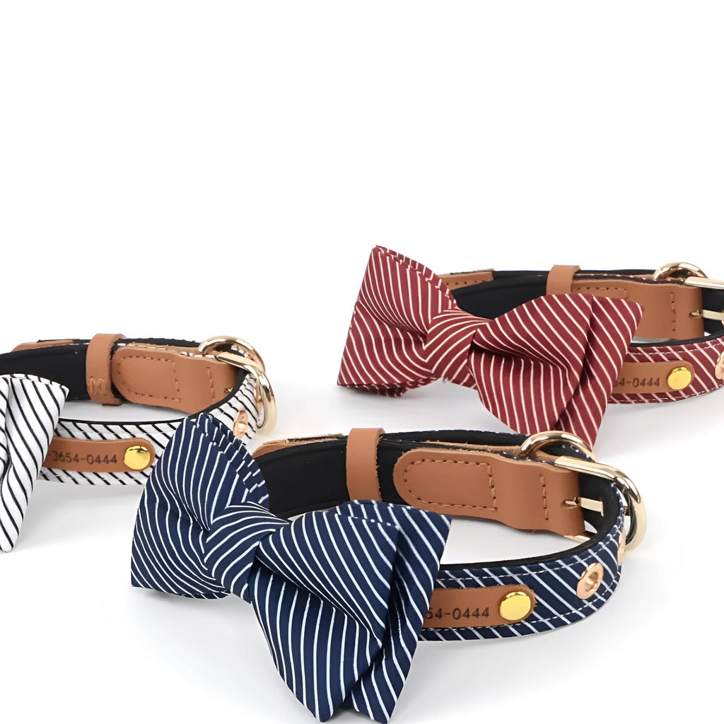 A wine red cotton dog collar with a detachable white polka-dot bow, shown alongside dark blue and white collar options.