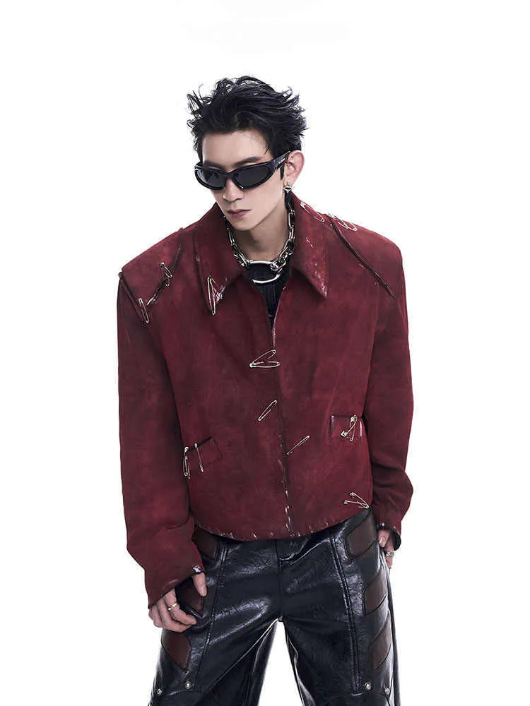 Red men's thick quilted decorative jacket with lapel collar shown in a loose fit style.