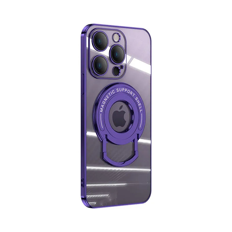 Transparent magnetic iPhone case with integrated pull rod bracket extended, showing dark purple colour and electroplated finish