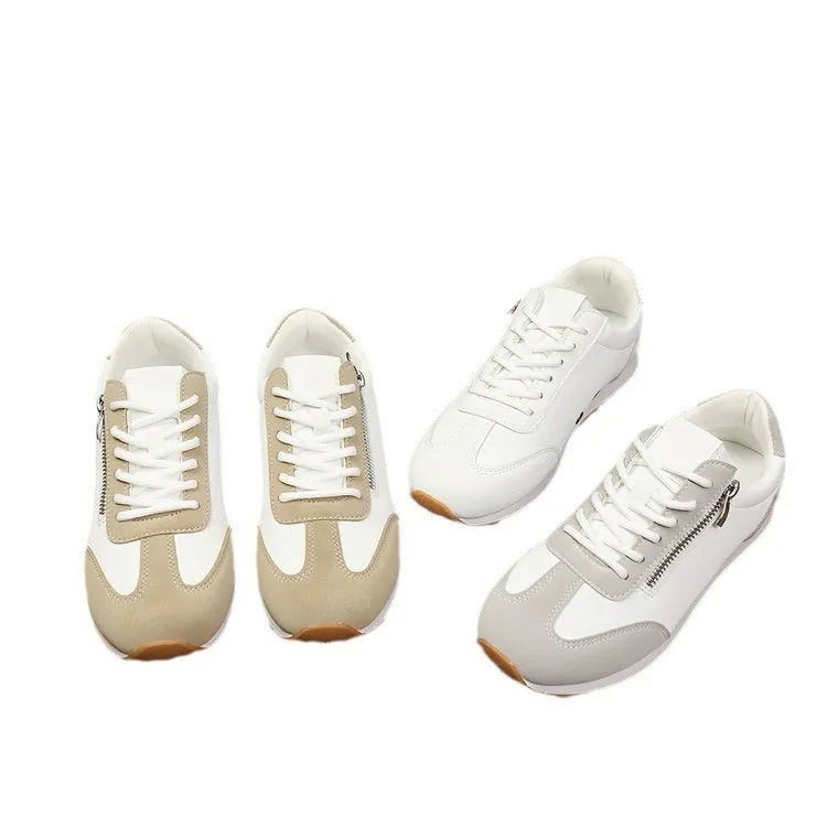 Women's flat-heeled shoe in artificial PU, available in grey, white, and champagne, with a rubber sole