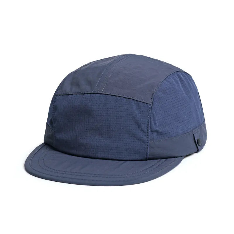 Khaki coloured dome crown summer cap made from breathable polyester fabric on a white background.