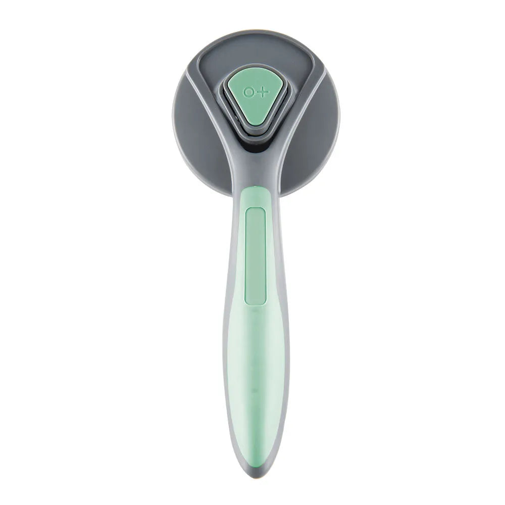 Grey self-cleaning slicker brush for cats and dogs with massaging bristle tips on a non-slip handle.
