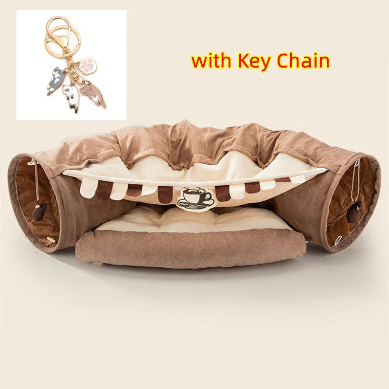 Collapsible cloth cat tunnel folded and unfolded, showing bar design pattern.
