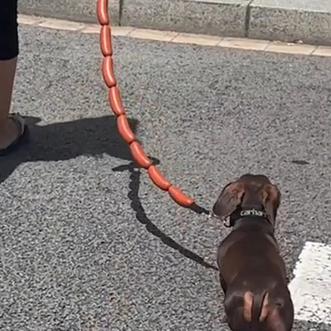 Brown cotton rope dog chew toy with sausage segments and hand grip, total length 108cm