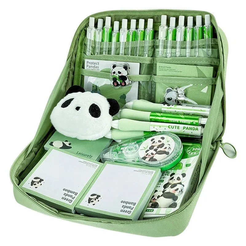 Green canvas 12 layer panda pencil case with large capacity for stationery organisation.