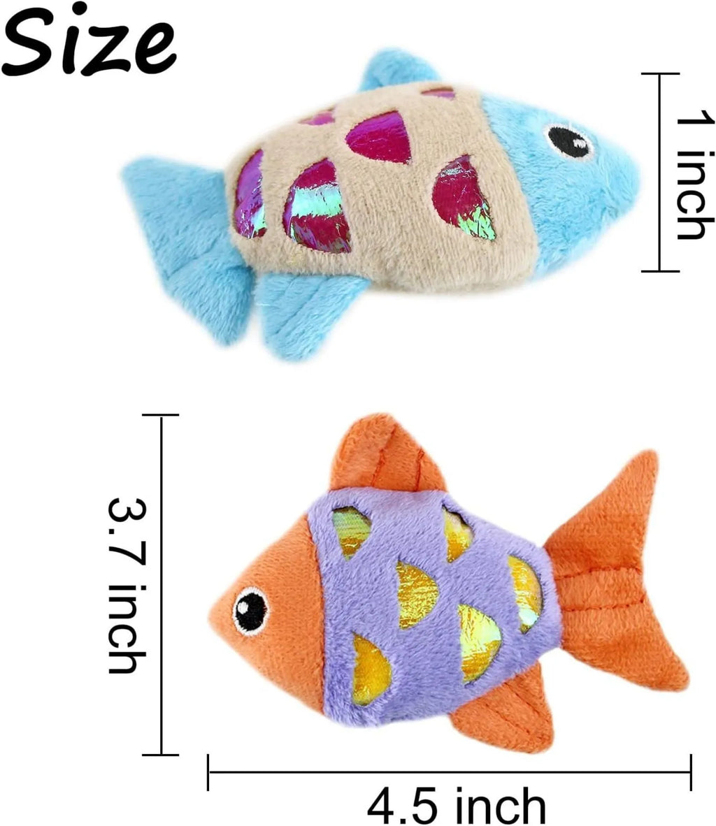 Blue, orange and pink fish-shaped cat toys with plush exterior and crinkle paper elements