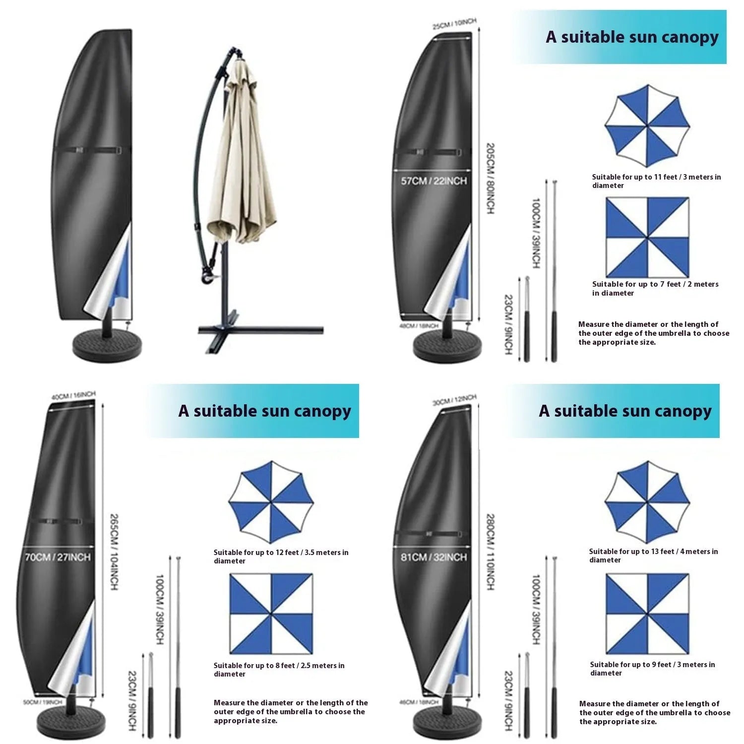 Grey Oxford cloth waterproof cover for a banana-shaped outdoor patio umbrella.