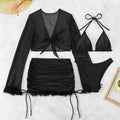 Black long sleeve women's bikini set with briefs bottom on a mannequin