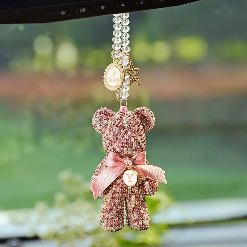 Violent Bear design car rearview mirror pendant with artificial crystal rhinestones, 5x9cm.
