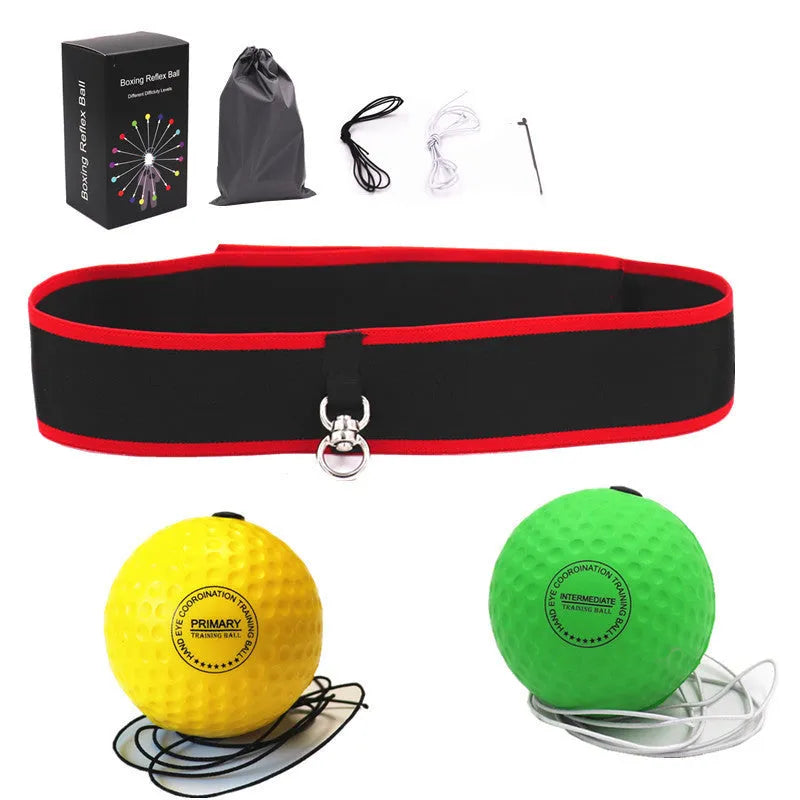 Boxing reaction ball attached to adjustable headband, PU material, multiple colour options, with cloth bag for storage