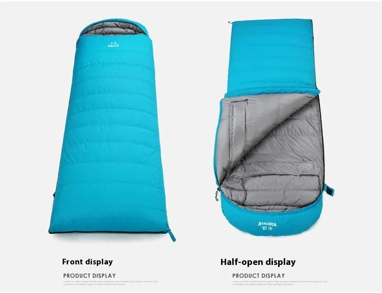 Black outdoor sleeping bag filled with white goose down and made from tear-resistant nylon.