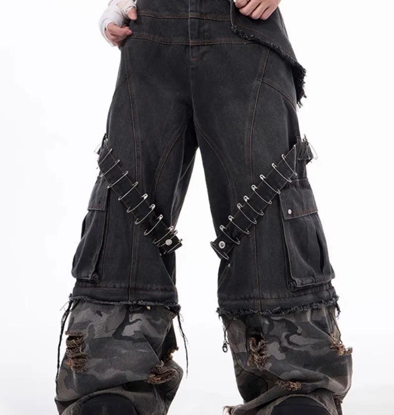 Men's grey camouflage pattern jeans with splicing structure and ribbon detailing