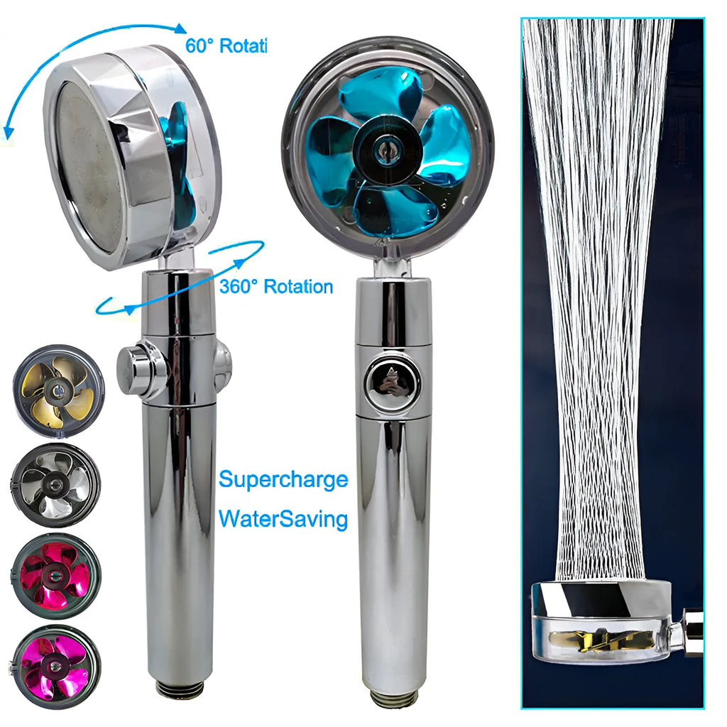 ABS plastic water saving shower head with chrome finish and 360-degree rotating bracket on a white background.