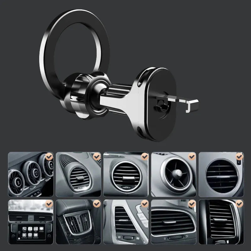 Black magnetic car phone holder mounted on car air vent with O-ring bracket