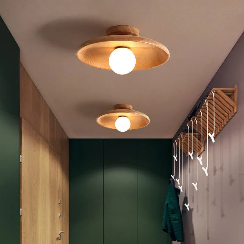 Solid wood ceiling lamp with glass shade in wood colour and walnut colour options