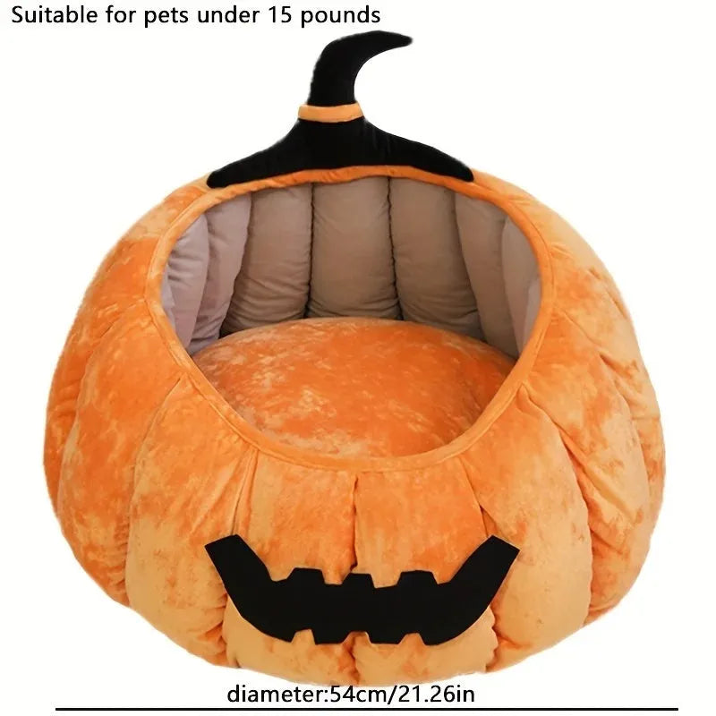 Halloween pumpkin-shaped cat bed with cartoon devil design in soft plush material
