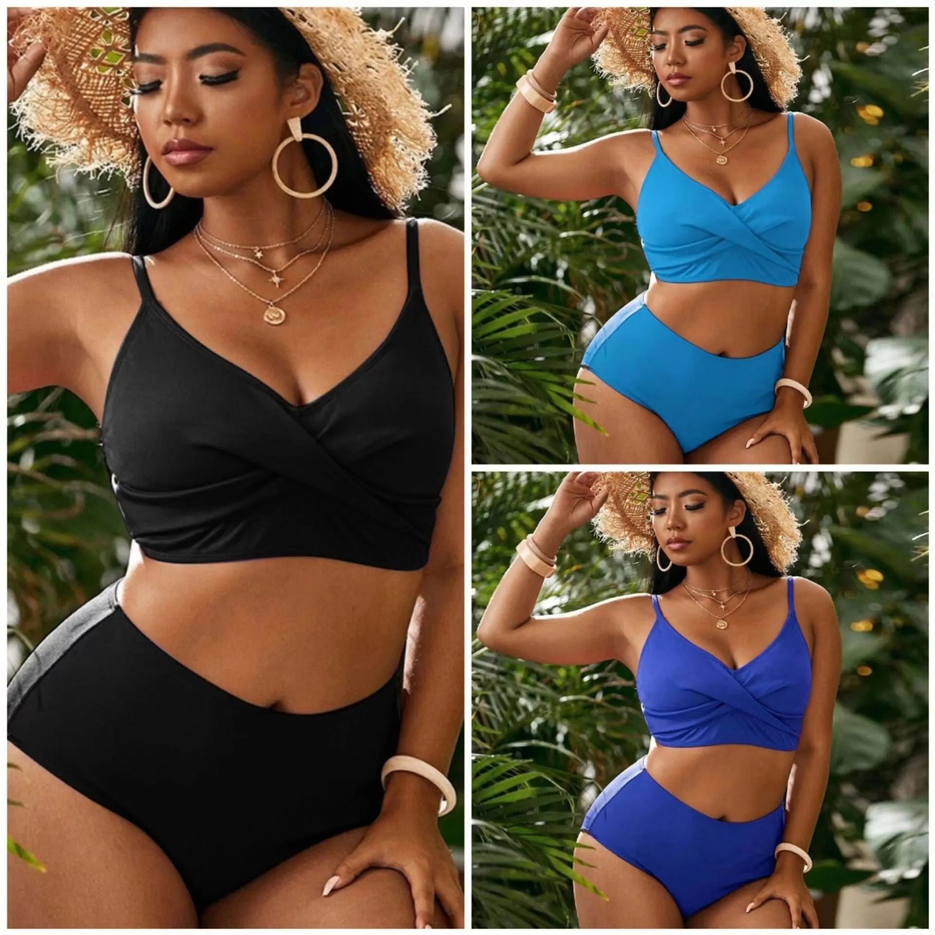 Plus size high waist split bikini swimsuit in solid black colour with front split detail
