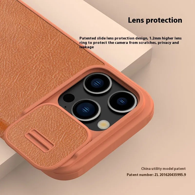 Imitation leather flip phone case for iPhone 14 Pro Max and iPhone 15 models in black, brown or red