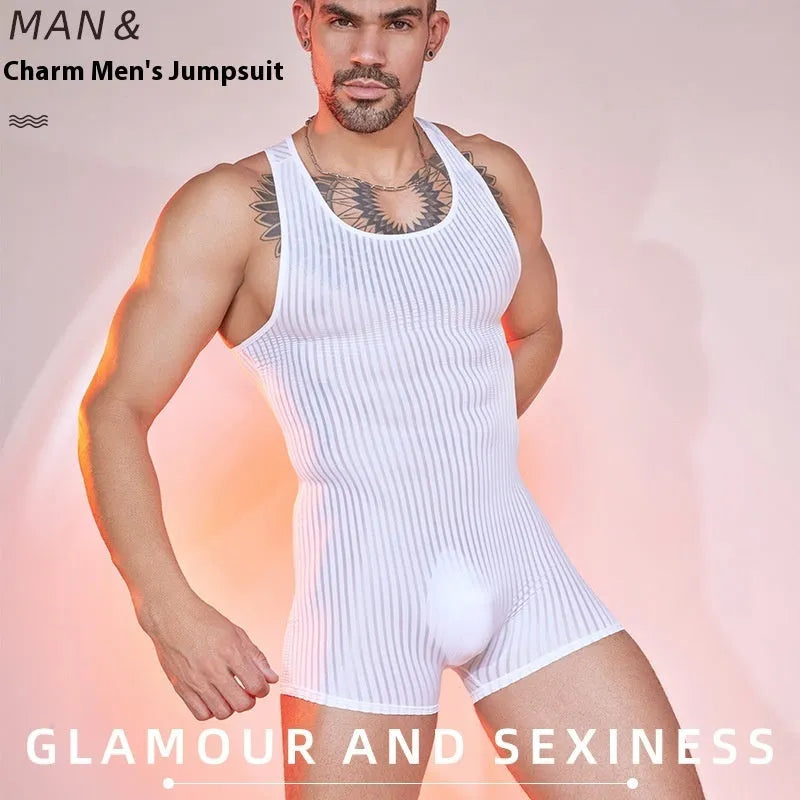 Men's striped nylon jumpsuit in free size with vertical bar pattern