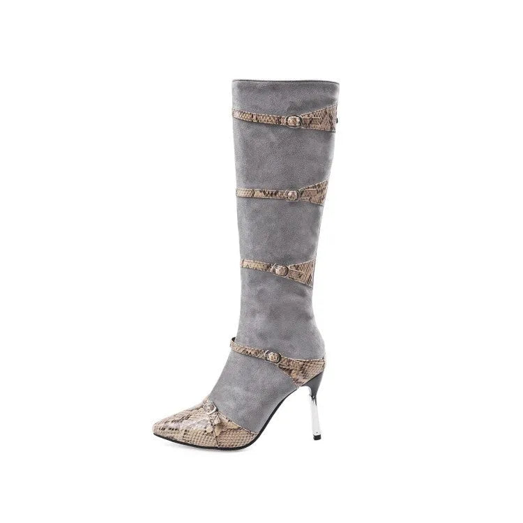 Grey and black women's knee-high boots with a thin 9cm high heel and a 33cm shaft.