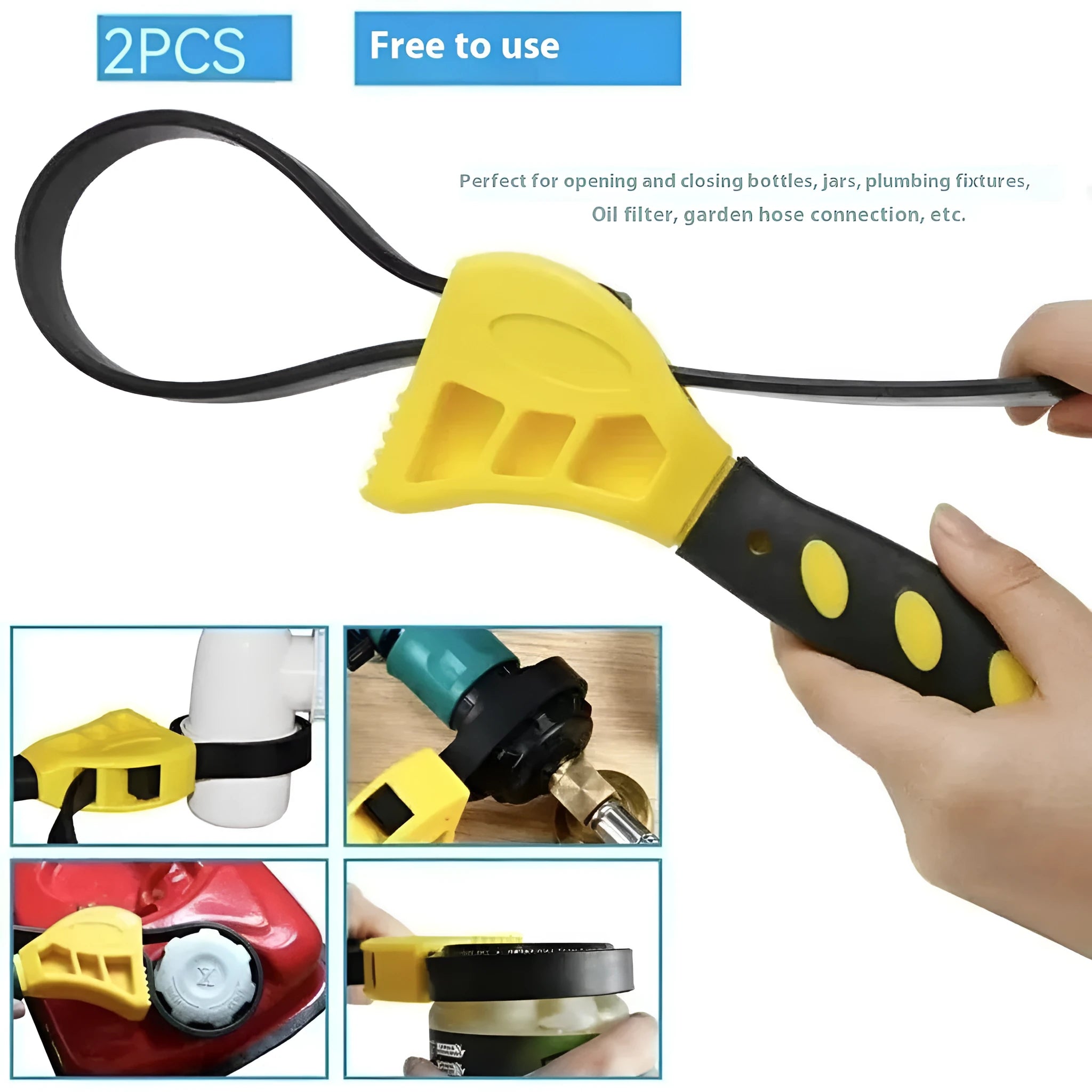 A set of two adjustable strap wrenches, one 6-inch and one 8-inch, made of black plastic and rubber with a phosphated metal handle.