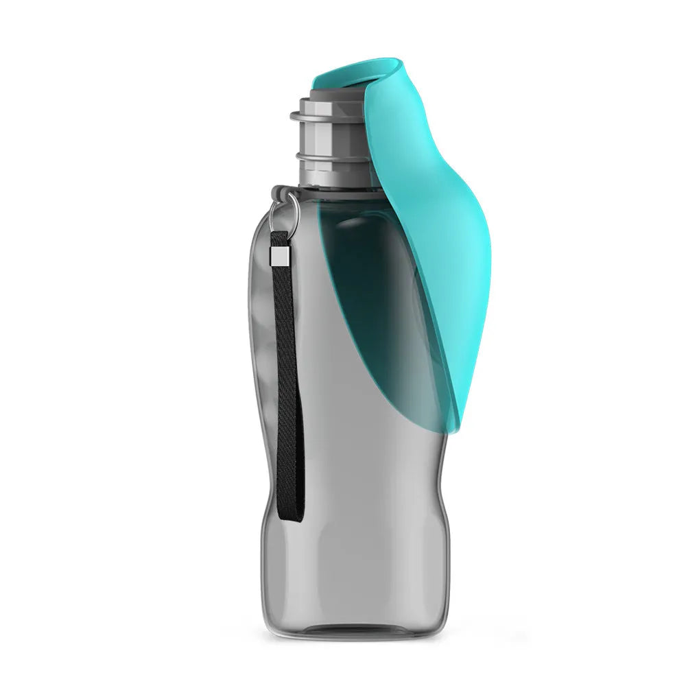 Blue grey portable dog water bottle with foldable drinking bowl extended, showing lock key.