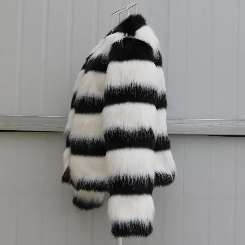 Black and white striped faux fur leather jacket for women with long sleeves