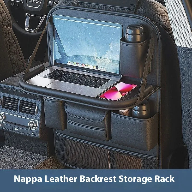 Black leather car seat back storage rack with handle and suspension straps