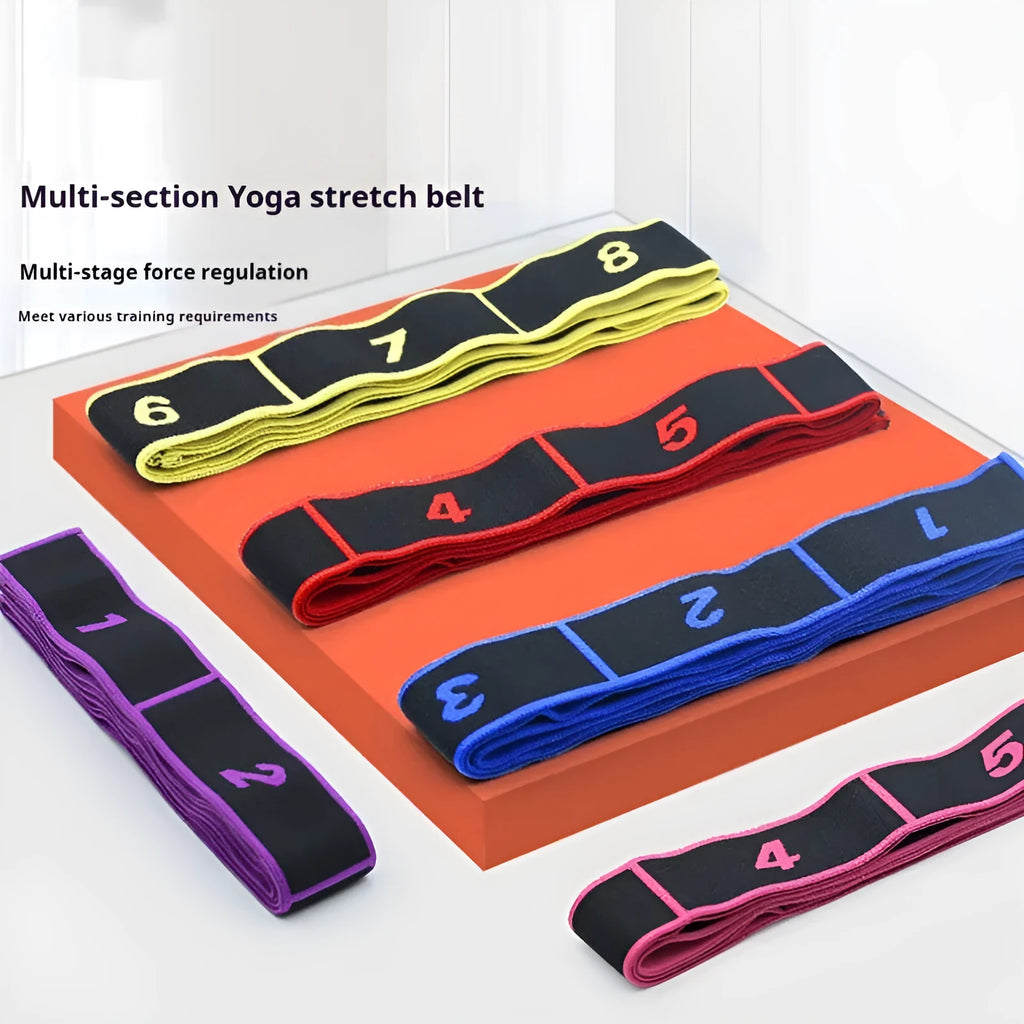 Yoga multi-section stretch strap in seven colour options with polyester cotton latex yarn construction