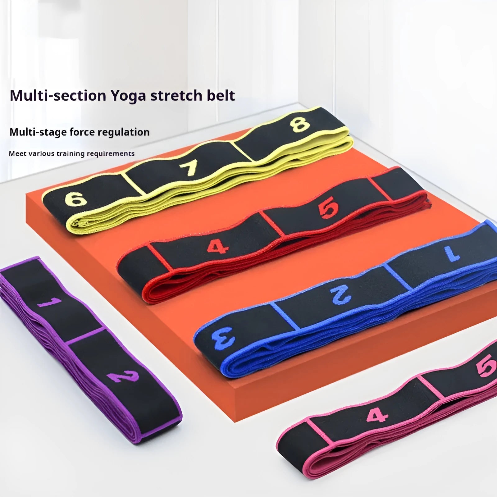 Yoga multi-section stretch strap in seven colour options with polyester cotton latex yarn construction