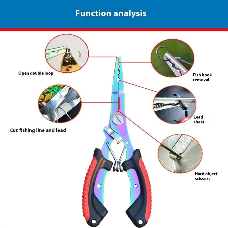 PE39 medium straight mouth fishing pliers with hook, showing SS420 steel construction and coloured ABS plastic handle.