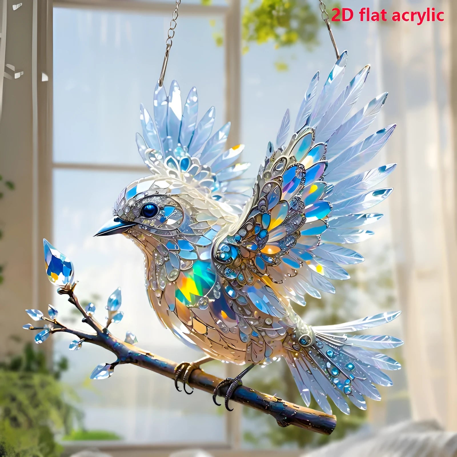 Cartoon-style bird printed on a square acrylic pendant decoration with cardboard backing.