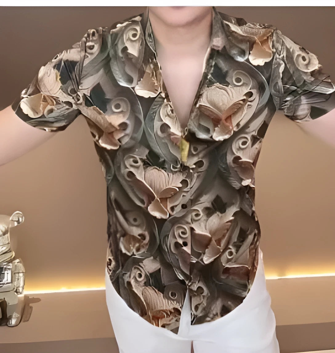 Men's casual shirt with a large-scale contemporary print, button-down collar, and long sleeves.