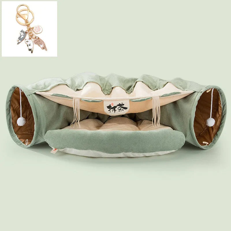 Collapsible cloth cat tunnel folded and unfolded, showing bar design pattern.