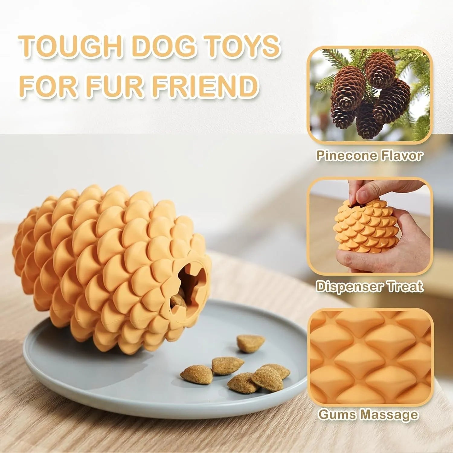 Yellow pine cone shaped natural rubber dog toy with treat dispenser for large dogs.