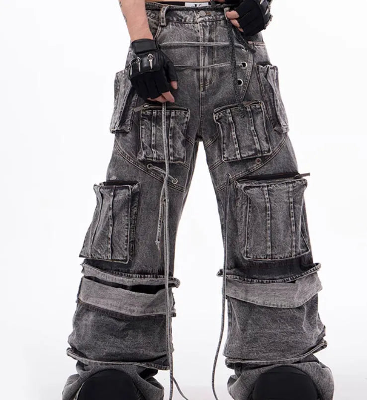 Grey distressed denim overalls with rope stitching mop pants design American style