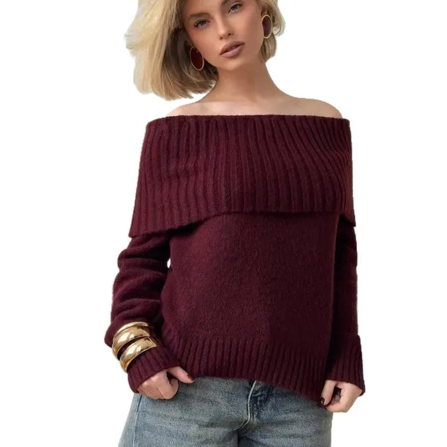 Grey off-the-shoulder strapless women's sweater with a 3D textured pattern.