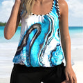 Blue tie-dye floral print women's plus-size swimsuit set with top and brief shorts
