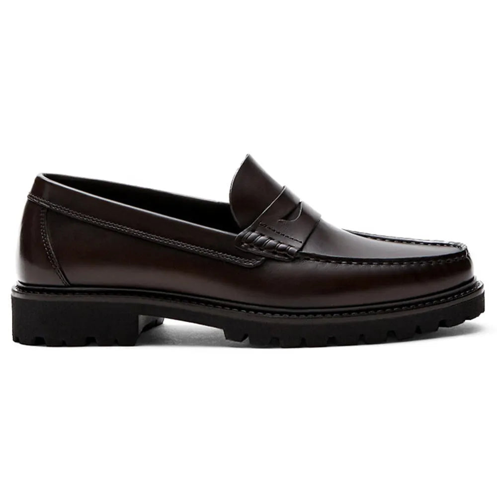 Men's brown leather loafers with first layer cowhide upper, rubber sole, and low heel on a neutral background
