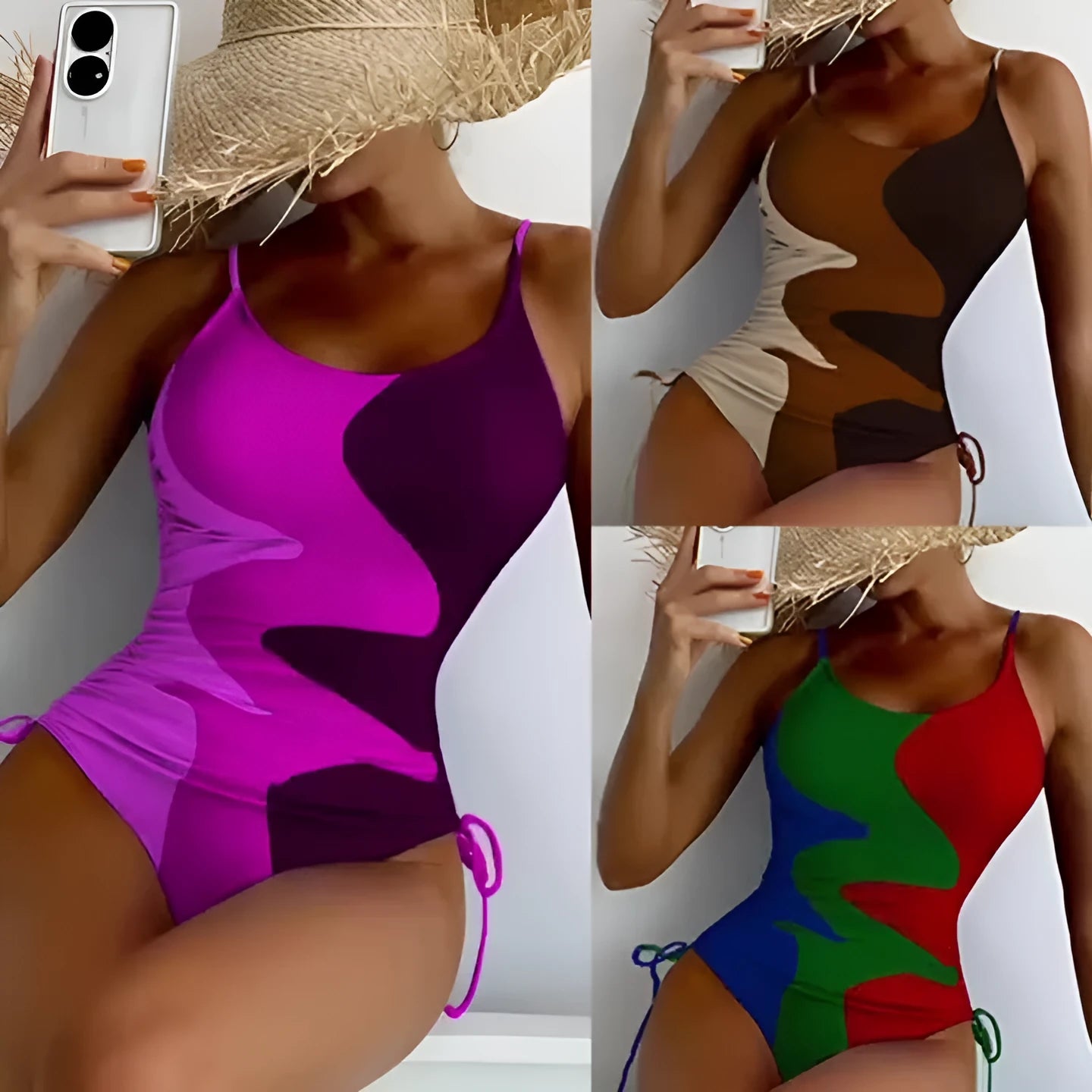 Women's sleeveless one-piece swimsuit in blue with striped pattern, backless design.