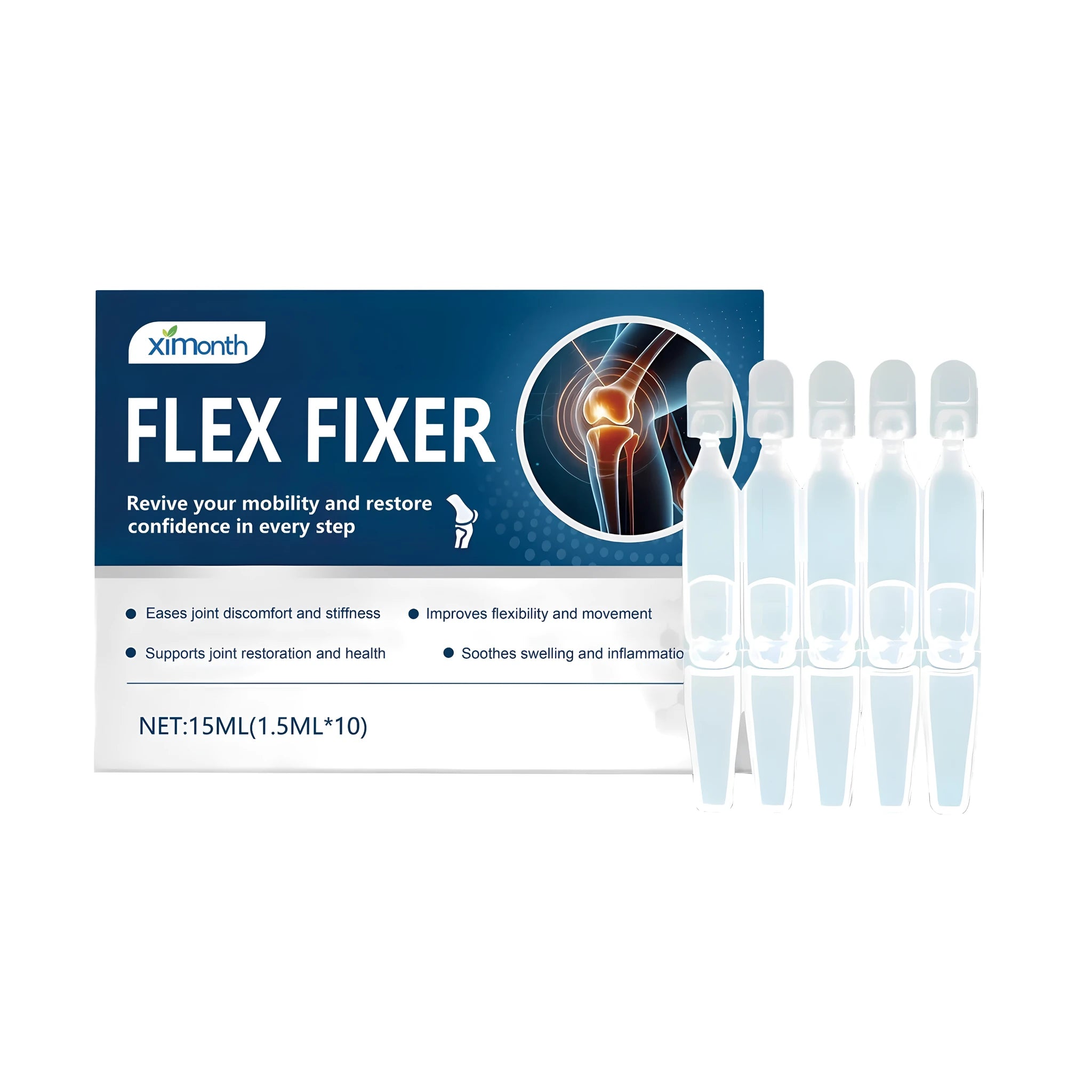 Flex Fixer 15ml bottle of herbal joint care solution with ten 1.5ml applicators.