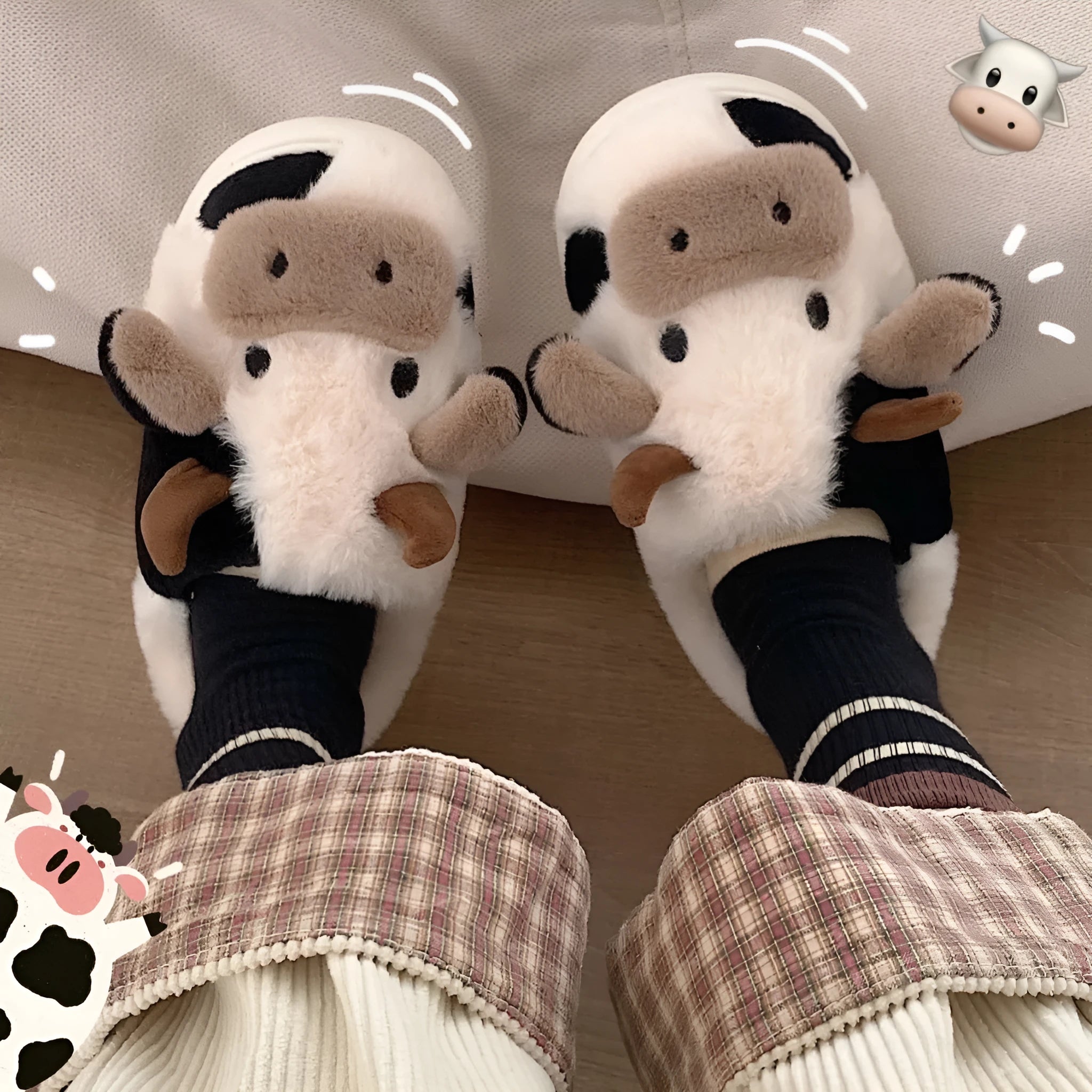 White cartoon cow slippers for women with soft faux fur and textured anti-slip soles