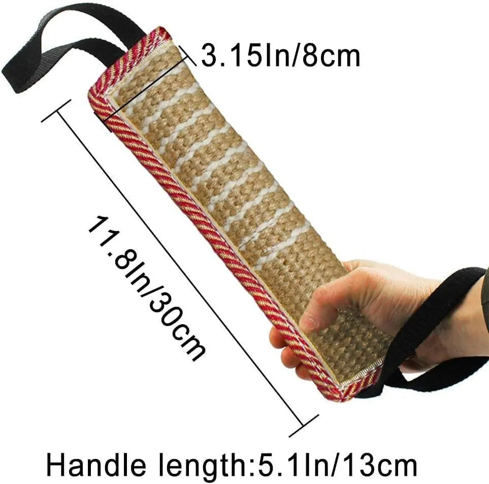 Beige and pink jute dog tug toy with two fabric handles for interactive play.