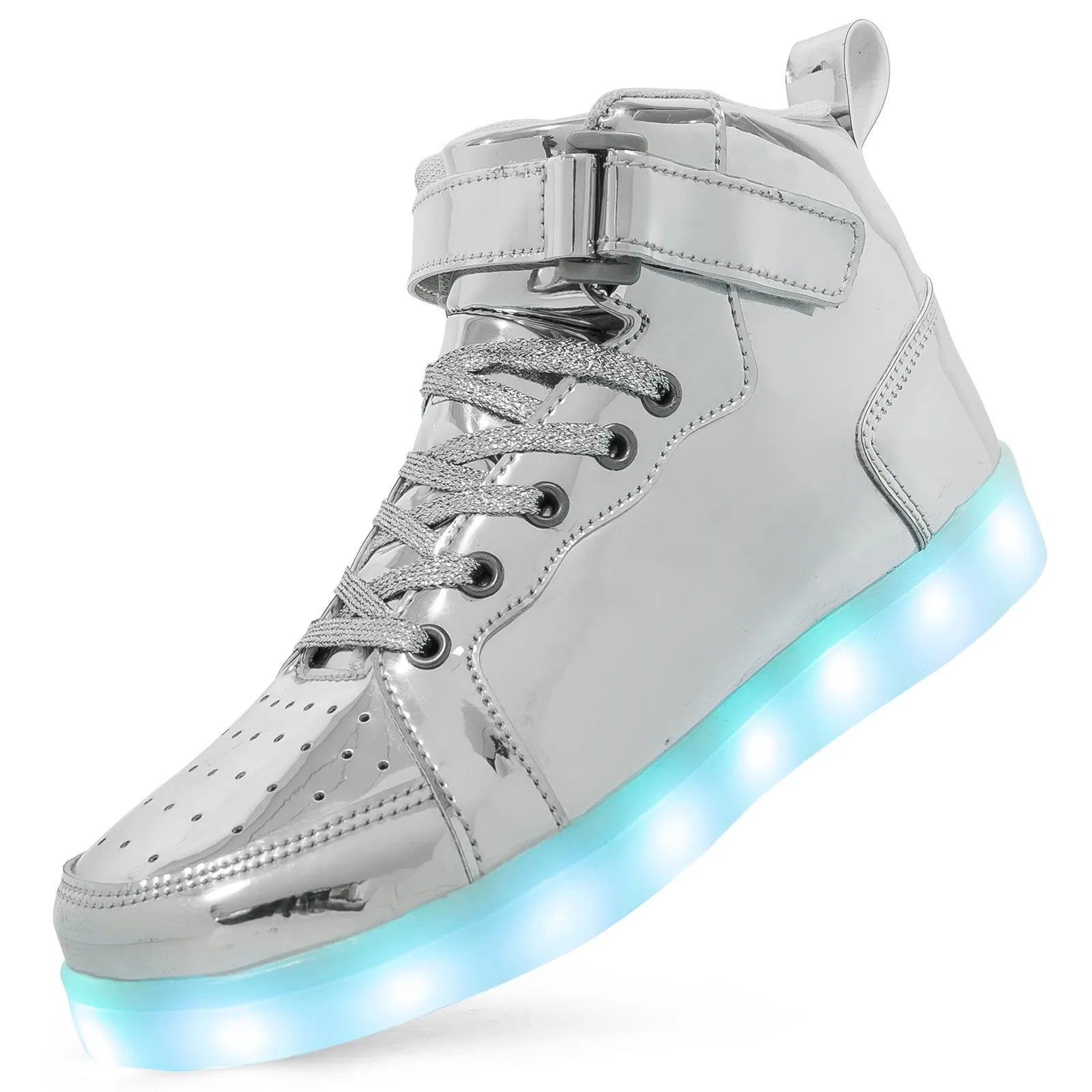 LED high-top board shoes with illuminated lights and Velcro fastening in multiple colour options