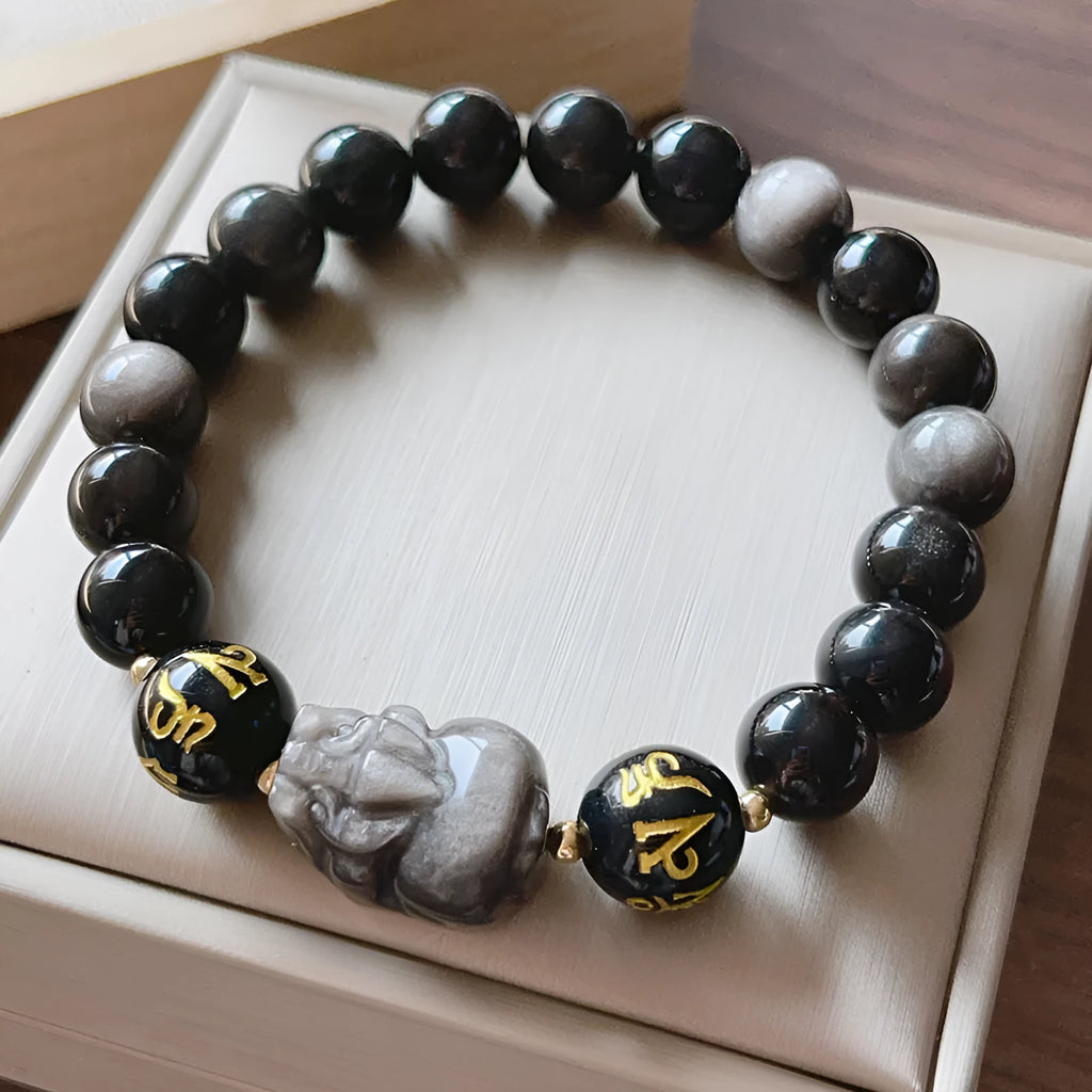 Silver Stone men's bracelet with Chinese zodiac symbols and beaded design in natural silver colour