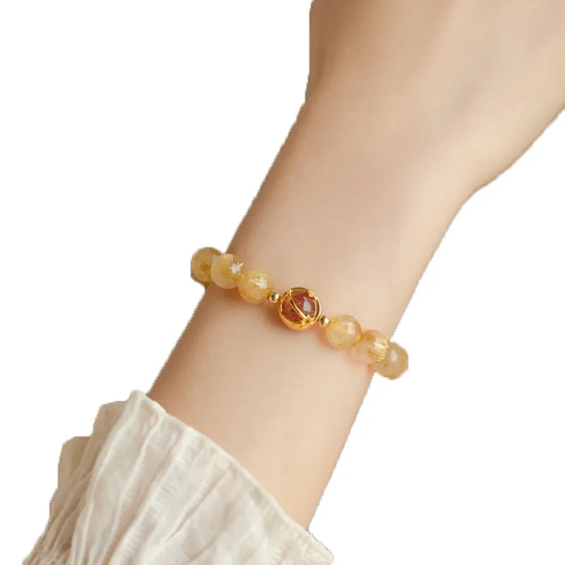 Natural citrine gold rutilated quartz crystal bracelet in Korean diamond style