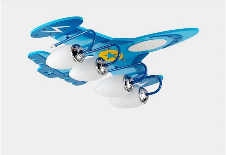 Wooden airplane-shaped children's ceiling light with rectangular glass shade and remote control