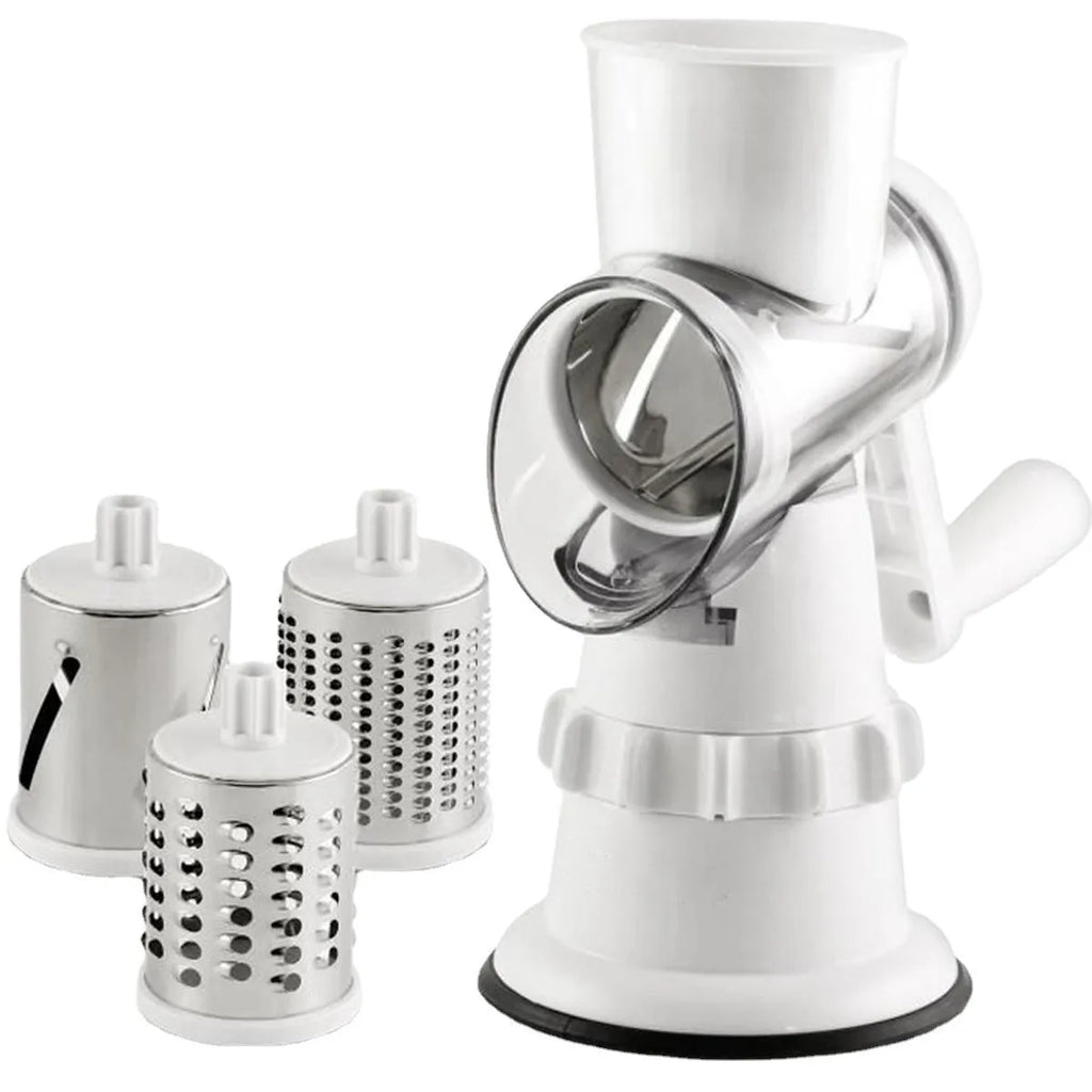 White manual vegetable slicer, grater, and chopper with three stainless steel blades and suction feet.