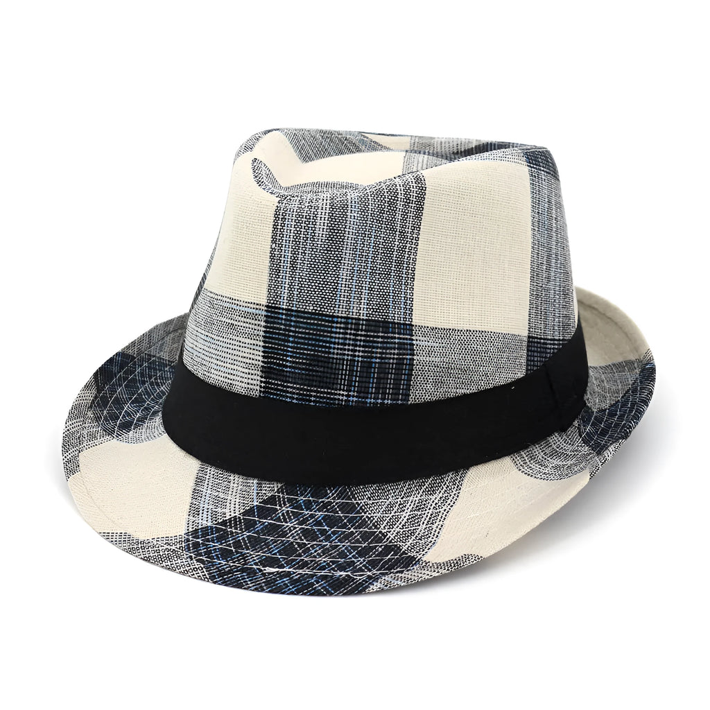 A blue and black unisex sun-proof straw hat with a bell crown for outdoor travel.