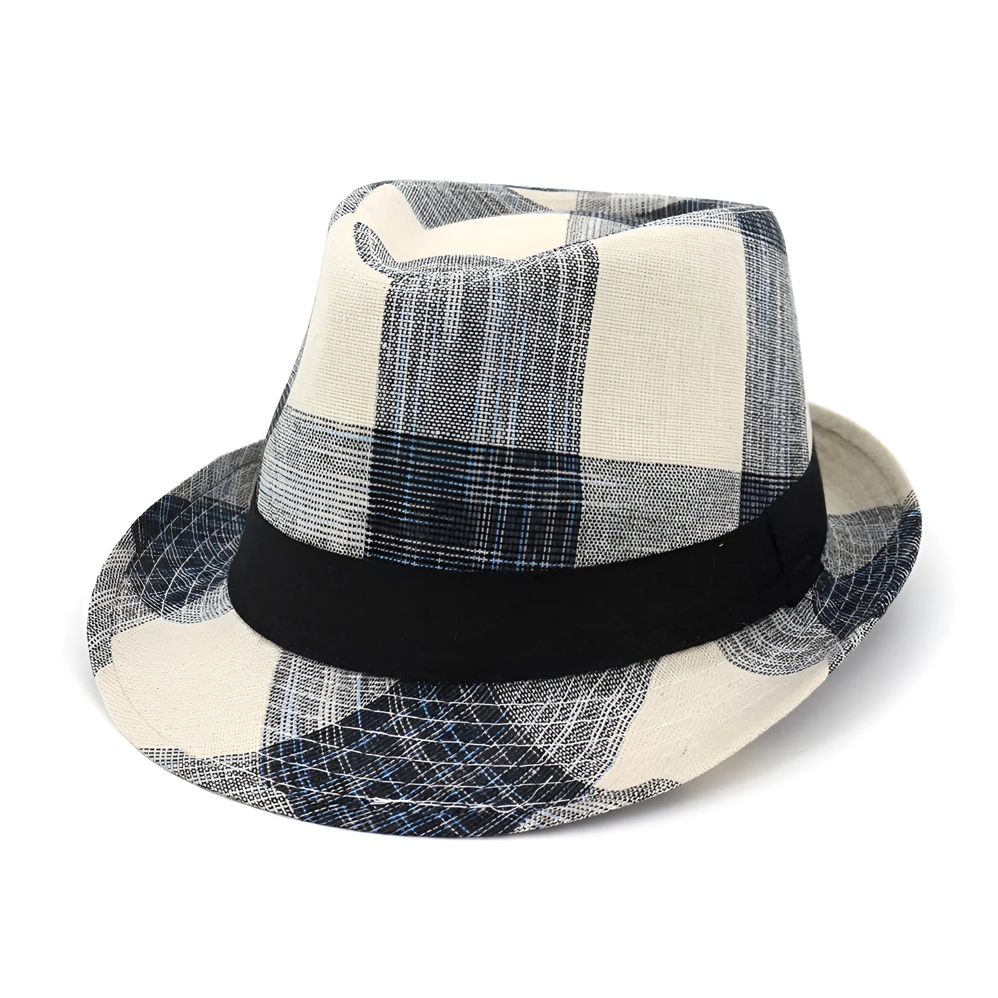 A blue and black unisex sun-proof straw hat with a bell crown for outdoor travel.